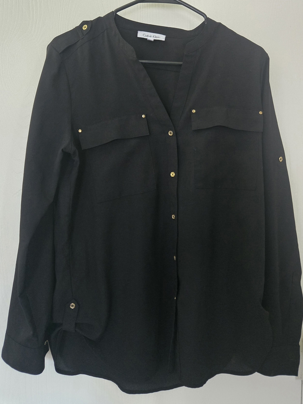 Calvin Klein Black Button-Front Utility Blouse